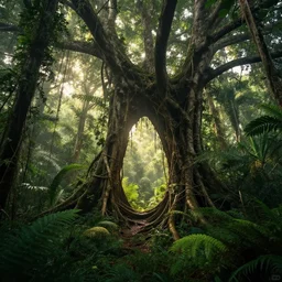 horrific portal embedded in a spectacular tree in a densely overgrown jungle, fantasy, dreamlike sunraise, ultra realistic, atmospheric, stopped in time, epic