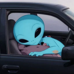 blue alien with giant head taking a nap in a black car