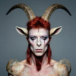 David Bowie in Elaborate Pan Satyr Goat Man Makeup and prosthetics designed by Rick Baker, Hyperreal, Head Shots Photographed in the Style of Annie Leibovitz, Studio Lighting