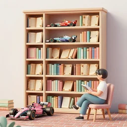 bookshelf, formula 1 drivers, brick streets, ancient manuscripts, a reader in a chair, nordic pastel colors, 3 d art, digital illustration, perfect lighting