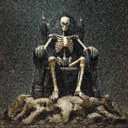 a singular skeleton king sitting on a dark throne on the top of a mount of bones, digital art, trending on DeviantArt, highly detailed, high quality, 8K HDR, octane render, unreal engine 5, raytracing, cinematic lighting, concept art, dramatic environment