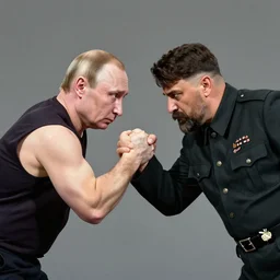 arm wrestling between ( ( vladimir putin ) ) and ( ( iosif stalin ) ), hyperrealistic, digital concept art, caricature illustration, art by gaston bussiere