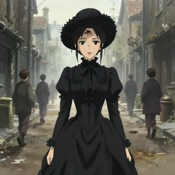 a full body portrait of a woman wearing a long black victorian dress corset and hat, backdrop dirty victorian slum back street, passers - by steet urchins, smog atmosphere, closeup finely detailed face features, gapmoe yandere grimdark, pixiv, by makoto shinkai, takashi takeuchi, studio ghibli, akihiko yoshida,