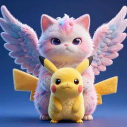 high quality 3 d render hyperrealist very cute multipastel fluffy! grumpy chimera cat hybrid with detailed fluffy wings!!, vray smooth, in the style of detective pikachu, hannah yata charlie immer, dramatic blue light, low angle, uhd 8 k, sharp focus