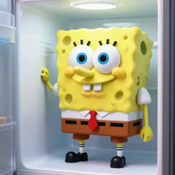 CGI gigant sponge looking like Spongebob Squarepants spying you from the fridge in the kitchen. Hyper realistic. Unreal engine Noise. Dash cam. Unsetting. 4k