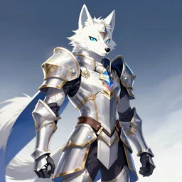 albino wolf wearing magical fantasy armor, fursona, anthro, anime key visual, detailed armor, makoto shinkai, portrait