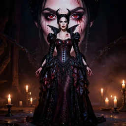 megan fox witch queen, black eyes, blood, full body, intricate victorian dress, cinematic lighting, symmetrical eyes, rafael albuquerque, charlie bowater, frank frazetta, moody lighting, candles