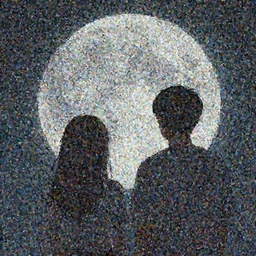 Two people looking at the moon, melancholic, digital painting