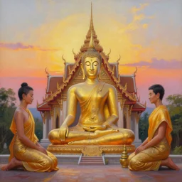 a beautifully detailed wide angle oil painting of a sitting thai buddha statue in front of a thai temple with a gorgeous sunrise, by thawan duchanee and jatuporn traisuwan, trending on artstation