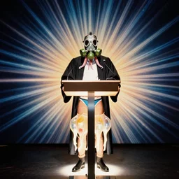 a staggeringly beautiful photograph of a judge wearing a squid gas mask and jellyfish underwear. he is standing on a podium, illuminated uplighting strongly from his feet. he is radially expanding at the speed of sound. 3 5 mm film, perfect focus, amazing chromatic hallucinatory experience.