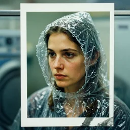 a closeup of a woman wearing a hood made of wire and plastic, in a laundry mat, color photograph, by edward hopper, canon eos c 3 0 0, ƒ 1. 8, 3 5 mm, 8 k, medium - format print