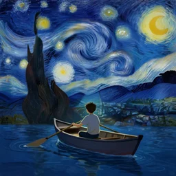 boy rowing a boat in the sea of the starry night with mysterious light, digital art style, illustration painting, 4 k,