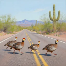 a family of quails running across a road, tucson arizona painting by carl redin