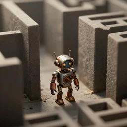 a single small steampunk robot in a maze with tall walls by greg rutkowski and andreas rocha, tilt shift, ultra realistic, unreal engine, trending on artstation, 4 k