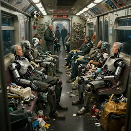 cyberpunk detail painting of subway car full of garbage with sleeping humanoid robots, dramatic lighting, highres textures, strong realistic volumetric lighting, strong subsurface scattering, scifi movie from weta digital, ilm, digital domain, by brian froud, by stan stalenhag