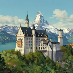 a wholesome animation key shot, castle in the middle, swiss alps ( matterhorn ) in the background, foliage in the foreground, studio ghibli, pixar and disney animation, sharp, rendered in unreal engine 5, anime key art by greg rutkowski, bloom, dramatic lighting