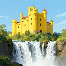 yellow castle above a waterfall, concept art, by daniel merriam