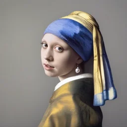 the girl with the pearl earring with the face of mona lisa in the style of vermeer, desaturated, minimalistic, soft skin tones