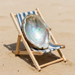 beach chair made of large iridescent abalone shell, nacre, driftwood, sunny 3 5 mm product photo
