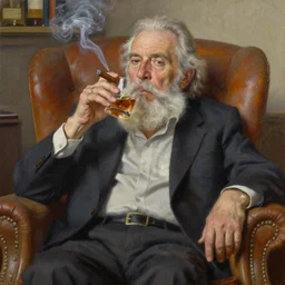 retired barney, sitting in a lounge, sipping whiskey and smoking a cigar, oil on canvas, intricate, portrait, 8 k highly professionally detailed, hdr, cgsociety