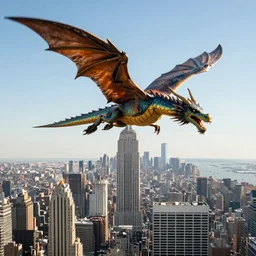 a flying dragon flying above New-York city