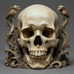 a beautiful detailed front view of a dead rotten skull with ornate growing around, ornamentation, sculpture, elegant, beautifully soft lit, by wayne barlowe, peter mohrbacher, kelly mckernan