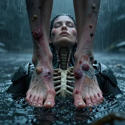 cinestill portrait by david cronenberg of female androids feet on their backs, and tumors and growths of flesh on their skin while wearing rugged black mesh technical clothing in dangerous waters, thorax open bones, modern cyberpunk moody emotional cinematic, closeup, pouring rain menacing lights shadows, 8 k, hd, high resolution, 3 5 mm, f / 3 2, ultra realistic faces, ex machina