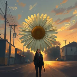 giant daisy flower head, frontal, girl in a suit standing on street, surreal photography, sunrise, dramatic light, impressionist painting, digital painting, artstation, simon stalenhag