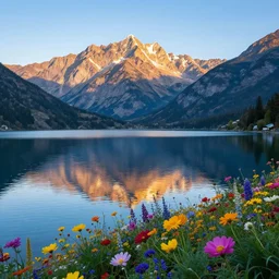 highly detailed realistic photo of calm lake, sunlit mountains in background, colourful flowers in foreground, vibrant cool colors, award winning masterpiece photo, hyper realistic, concept art, 8 k detail post - processing