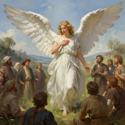 a fake angel talking to a group of villagers, digital painting, mixed media, trending on artstation and deviantart, epic composition, magnum opus, highly detailed, 8 k