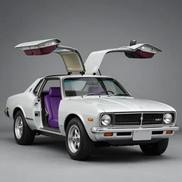A photograph of an AMC Gremlin with gull-wing doors, and purple upholstery.