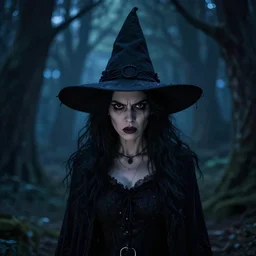 focus portrait of dark angry witch in night, dark forest background, bokeh, inspired by Tim Burton, octane render