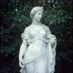 marble sculpture of a woman ruler, surrounded by foliage, dreamy autochrome pinhole photography.