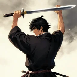 a samurai holding an epic blade over his head by kim jung gi, back shot