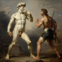 illustration of David vs Goliath, realistic painting, classical painting, high definition, digital art, matte painting, very detailed, realistic