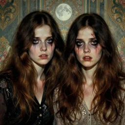 two handsome but sinister, creepy young women in layers of fear, with haunted eyes and wild hair, 1 9 7 0 s, seventies, wallpaper, a little blood, moonlight showing injuries, delicate embellishments, painterly, offset printing technique, by john howe, brom, robert henri, walter popp