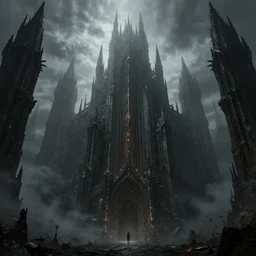grimdark fantasy fortress, terrifying architecture, looming, dark, fog, dark souls, artstation