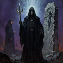 the cloaked necromancer and the mysterious satanic monolith by giger and par olofsson, center focused, stylized 8 k begotten movie cinematics painting beautiful lighting