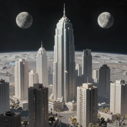 futuristic city skyline on the Moon, full of apartment buildings, unreal 5, DAZ, soft focus, brilliant, 4k, 8k, HD, trending on artstation, art by Rick Guidice painting by Robert McCall by John Harris