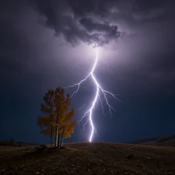 lightning striking a single aspen located on a hill, dark, heavy, render