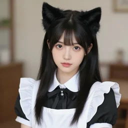 realistic beautiful gorgeous natural cute fantasy girl black hair cute black cat ears in maid dress outfit beautiful eyes artwork drawn full HD 4K highest quality in artstyle by professional artists WLOP, Taejune Kim, Guweiz, ArtGerm on Artstation Pixiv
