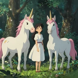 beautiful scene render of a beautiful girls and unicorns in the woods, sparkling, perfectly shaded, atmospheric lighting, style of makoto shinkai and peter mohrbacher, studio ghibli. artgerm, karol bak, beeple, animation style, 8 k hd, ultra wide angle, hyper detailed
