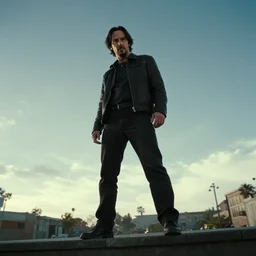 old keanu reeves in Logan, cinematic, ultrawide angle