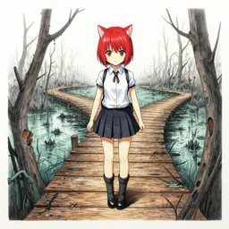 an absurdly-detailed colored-calligraphy-pen drawing, short-red-haired cat-girl in final fantasy style. Squalid wooden pathways in a cursed swamp.