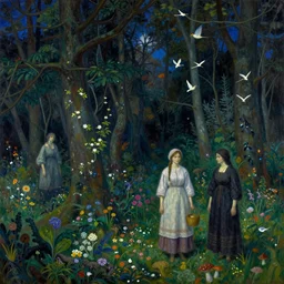 painterly dreamy forest with trees, flowers, mushrooms, birds, peasant women and midnight sky by Mikhail Vrubel, dark fantasy, witcher, detailed oil painting, masterpiece, 8k