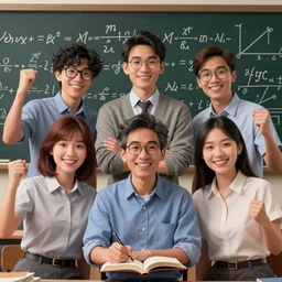 3D render of a group of happy asian mathematicians. Highly realistic. Highly detailed. High resolution. Dramatic. 8k