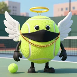 a tennis ball monster with angel halo and wings, golden chain necklace, balaclava, tennis ball, urban, hip hop, rap, colorful, digital art, fantasy, magic, trending on artstation, ultra detailed, professional illustration by Basil Gogos