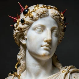 greek godness portrait sculpture, face, body, white marble and brass, gold vines and red spines, obsidian
