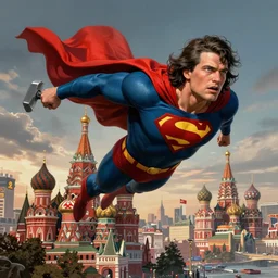 epic visual development art of stalin as superman flying over moscow, hammer and sickles, cccp, socialist realism, soviet nostalgia, sovietwave, ultrarealistic, hyperdetailed, intricate digital art, trending artstation, rich moody colors, fan art, concept art, in the style of the red son