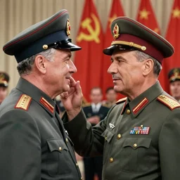 60s movie still of Josip Broz Tito with his general's cap speaking to Mao at a soviet congress, by Irving Penn , kodakchrome, heavy grainy picture, very detailed, high quality, 4k, HD criterion, precise texture